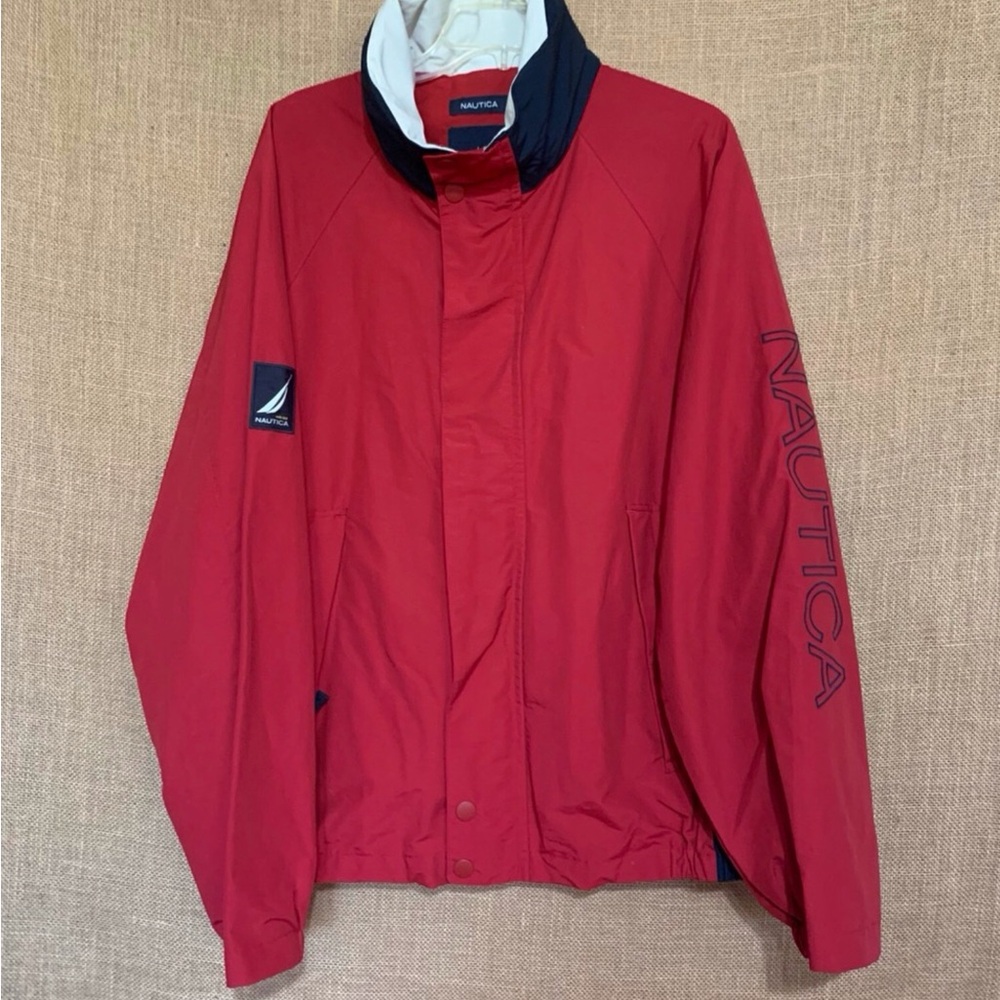 Nautica Red Windbreaker with Navy Collar Large